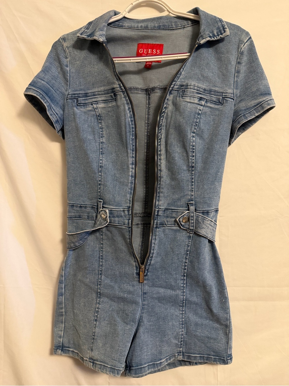 GUESS Light Blue Denim Short Overalls Romper with Front Zip - Picture 5 of 5